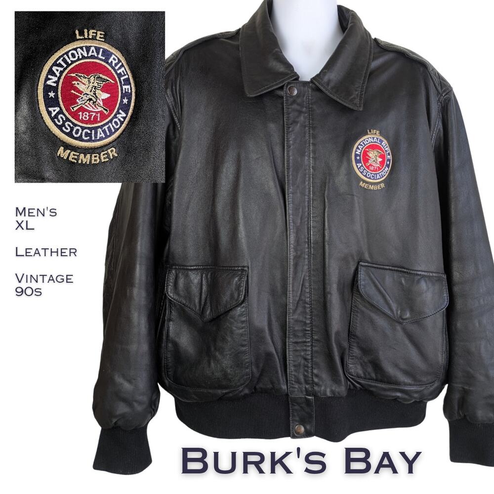 Burk's Bay Jacket Mens XL Black Leather Bomber NRA Life Member Patch Zip Snap